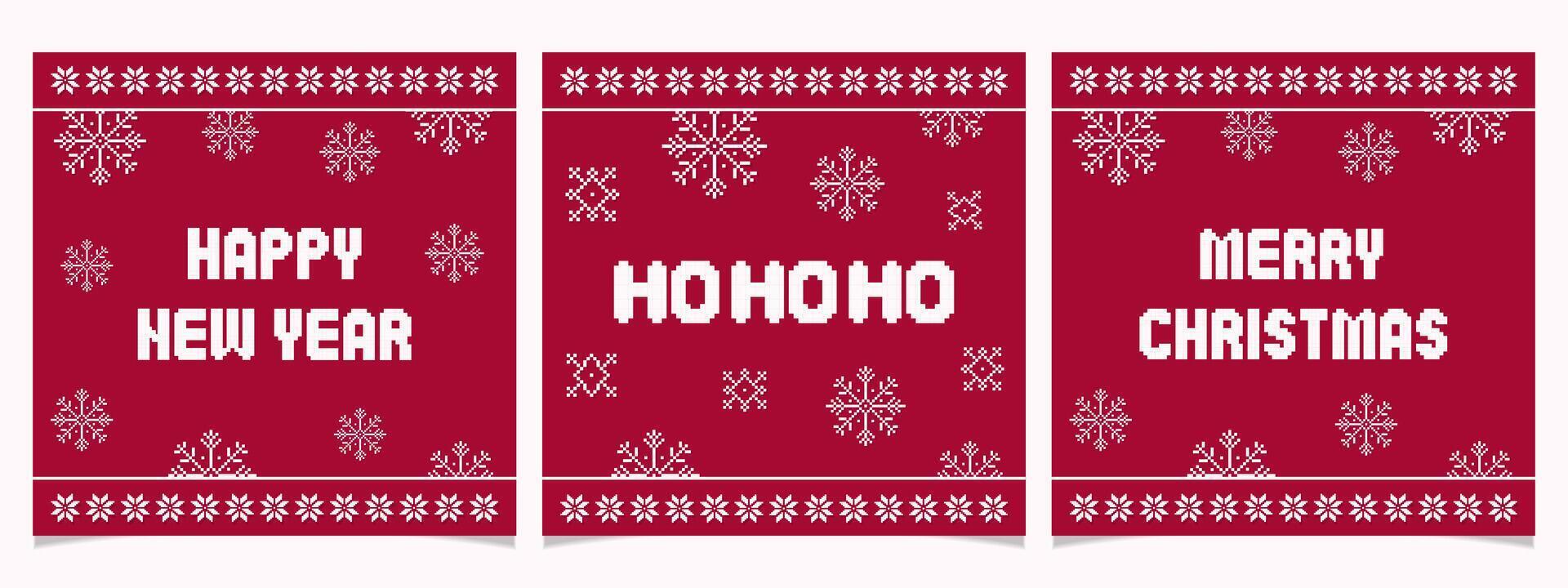 Pixel Christmas and New Year cards set with snowflakes.Pixelated simple and trendy winter decorations. December print. vector
