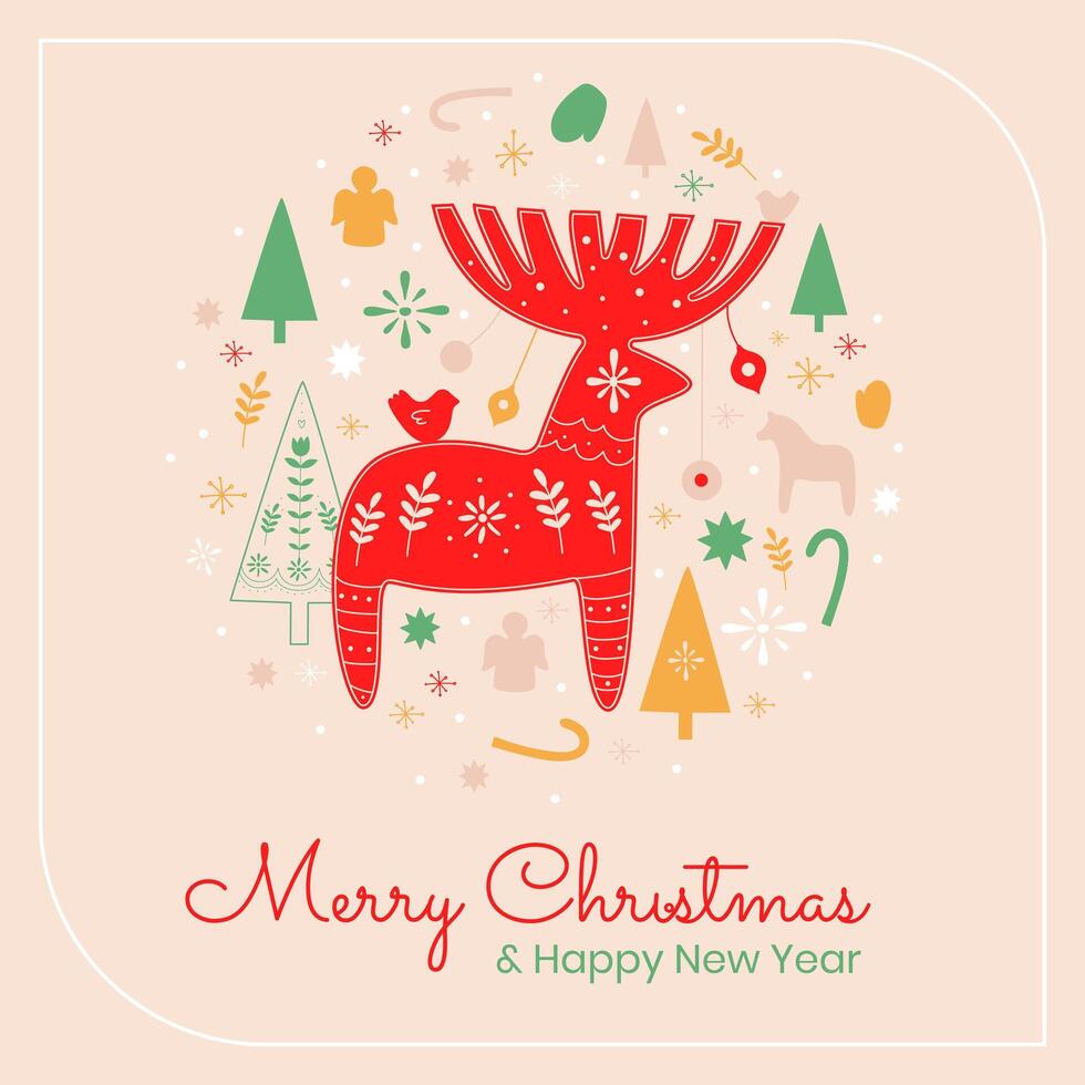 alegre navidad, nuevo año tarjeta modelo con ciervo vector