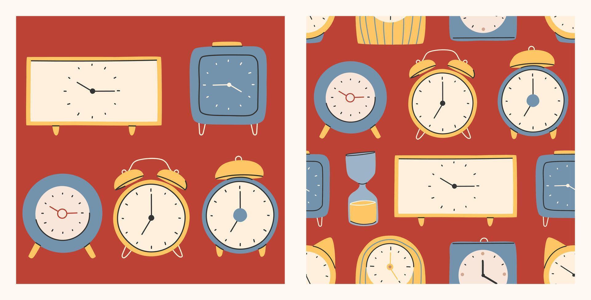 Different types of watches in trendy style. Clock poster and pattern set. Fashionable modern hand-drawn style.Vector vector