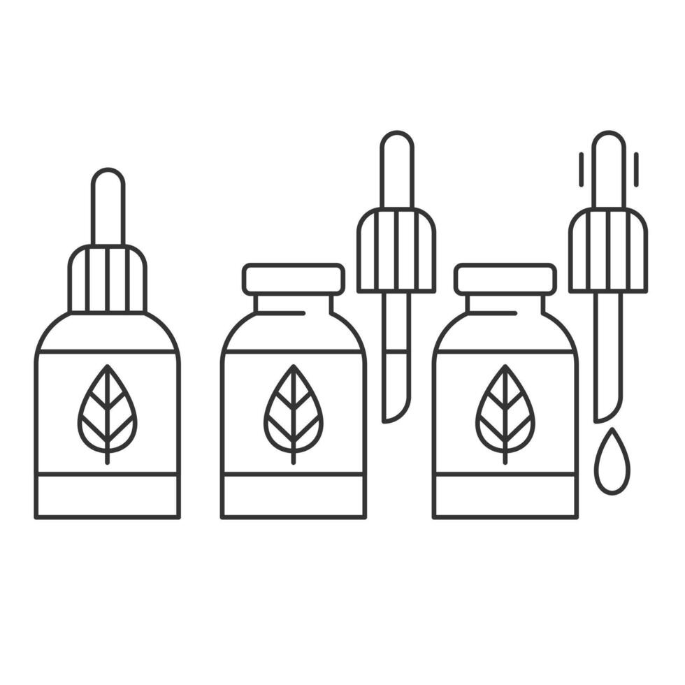 Dropper bottle with serum or oil, linear icons set. Closed, Opened vial with drop, herbal liquid package.Makeup and cosmetology concept.Editable Stroke. Vector illustration EPS 10