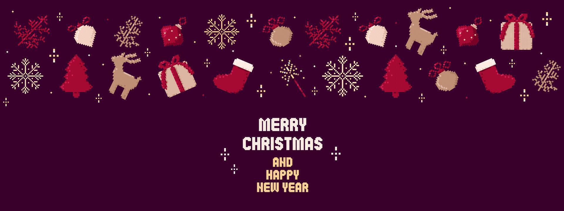 Pixel art Christmas and Happy New Year banner.Pixelated simple and trendy winter decorations. Merry Christmas print. vector