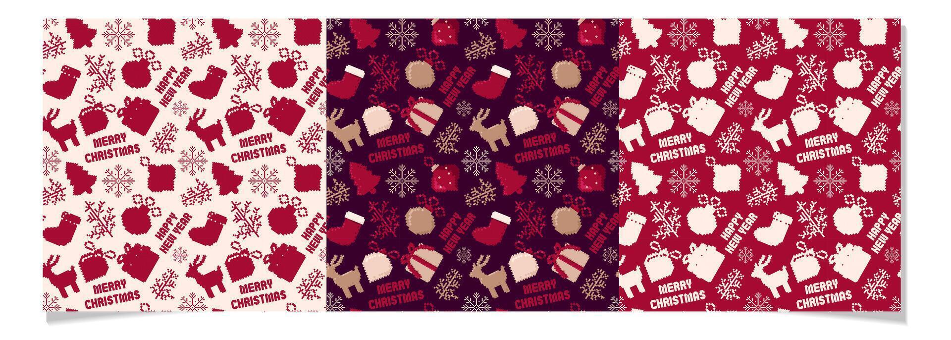 Pixel art Christmas and Happy New Year pattern set.Pixelated simple and trendy winter decorations.Christmas print collection. vector