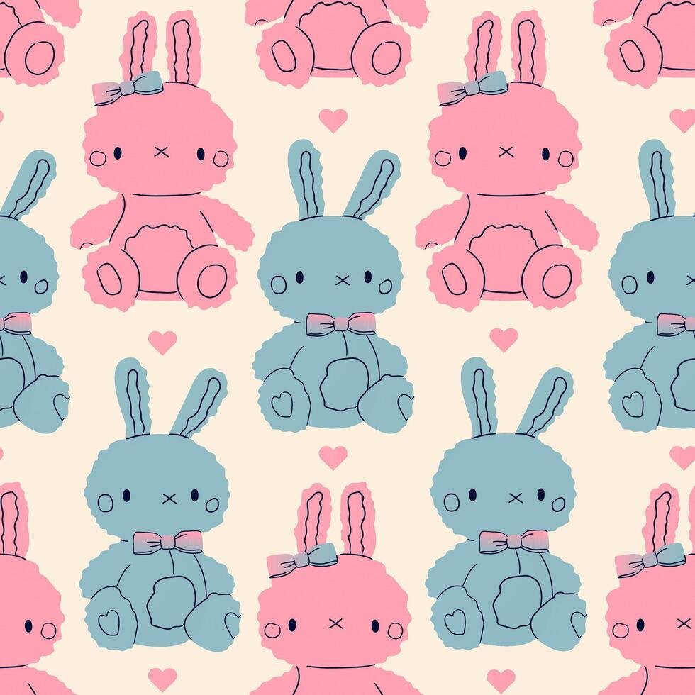Cute bunny rabbit seamless pattern in doodle style.Kawaii rabbit toy print.Girl and boy bunny art.Ideal for childish bedding,fabric,wallpaper,wrapping paper,textile,t-shirt.Vector illustration vector