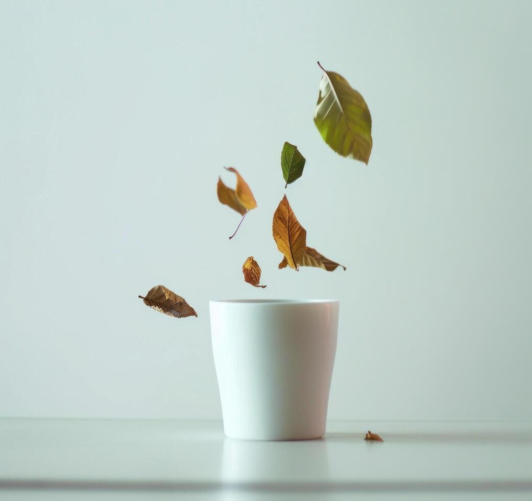 AI generated a white cup with leaves falling from it photo