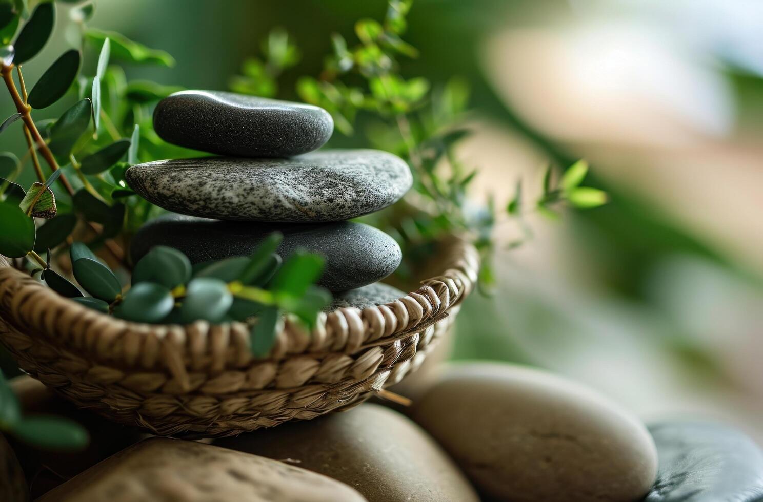 AI generated a stack of rocks in a basket with fresh green foliage photo