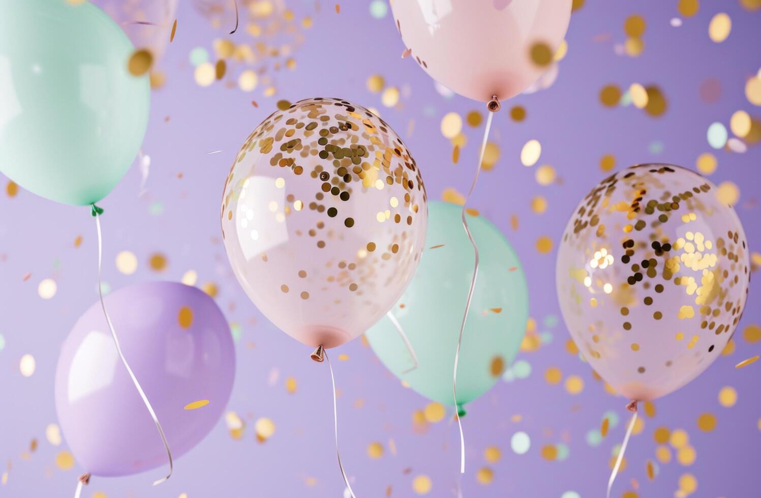 AI generated pastel and aqua balloons with confetti on purple background photo