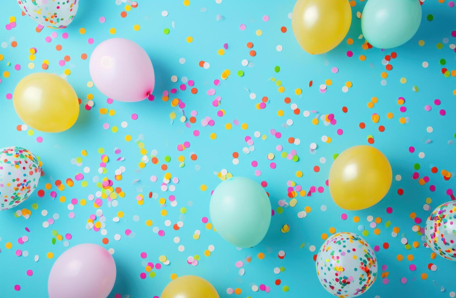 AI generated balloons and confetti arranged neatly on a blue background photo