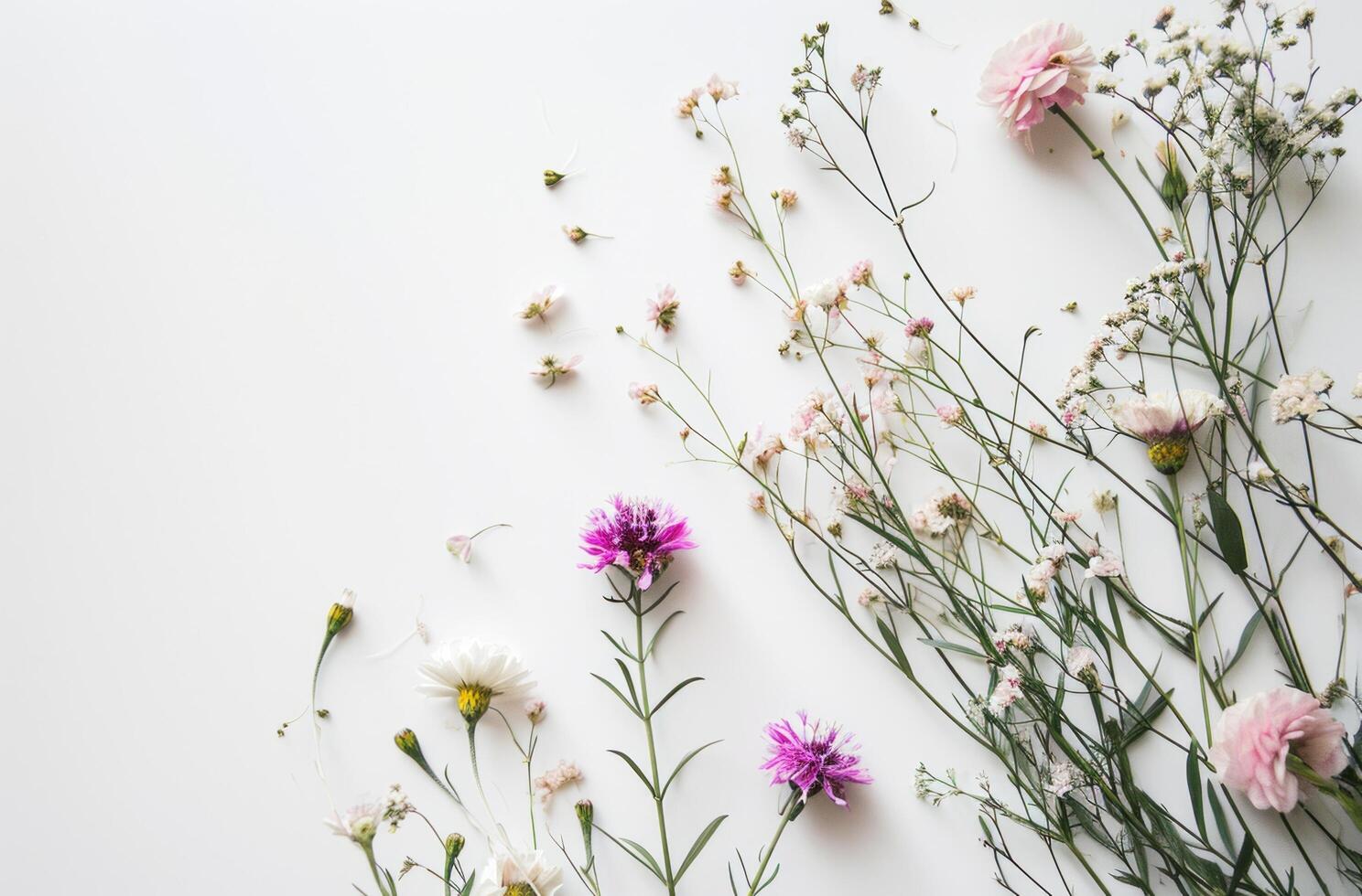 ai generado un blanco antecedentes con imágenes de flores en parte superior foto