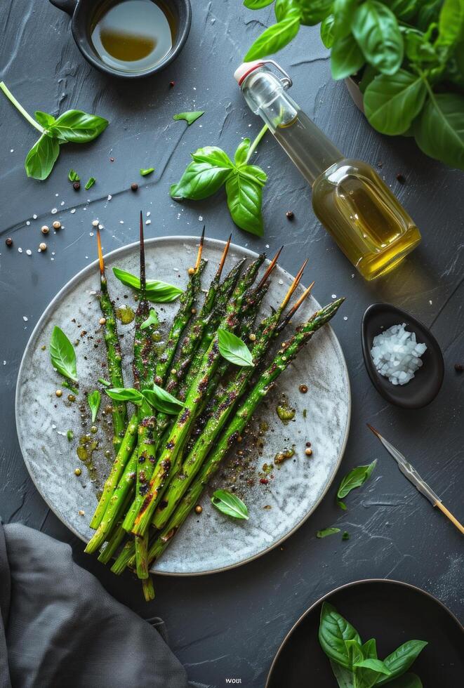 AI generated a plate of asparagus, a bottle of dressing, and skewers photo