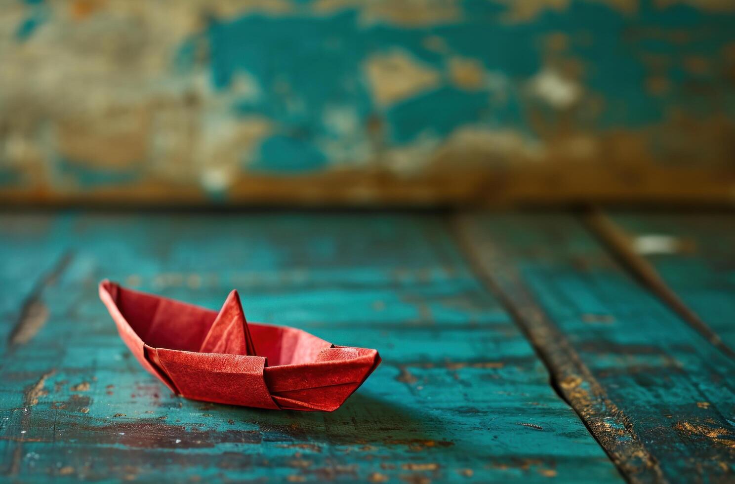 ai generado un pequeño papel barco con rojo vela en de madera cubierta foto