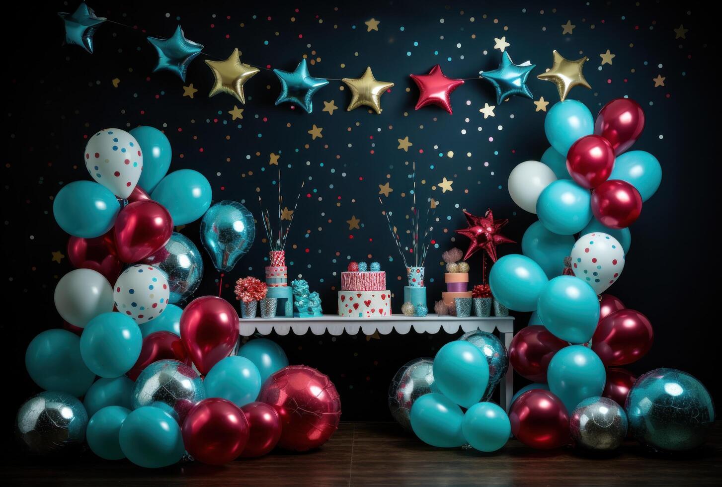 AI generated birthday party supplies and decorations, balloons photo