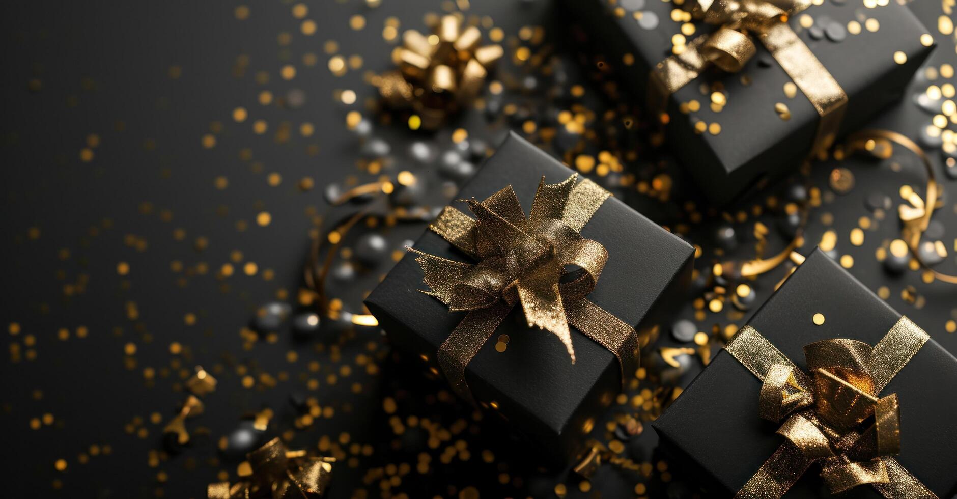 AI generated black gift boxes and gold confetti on black background photo