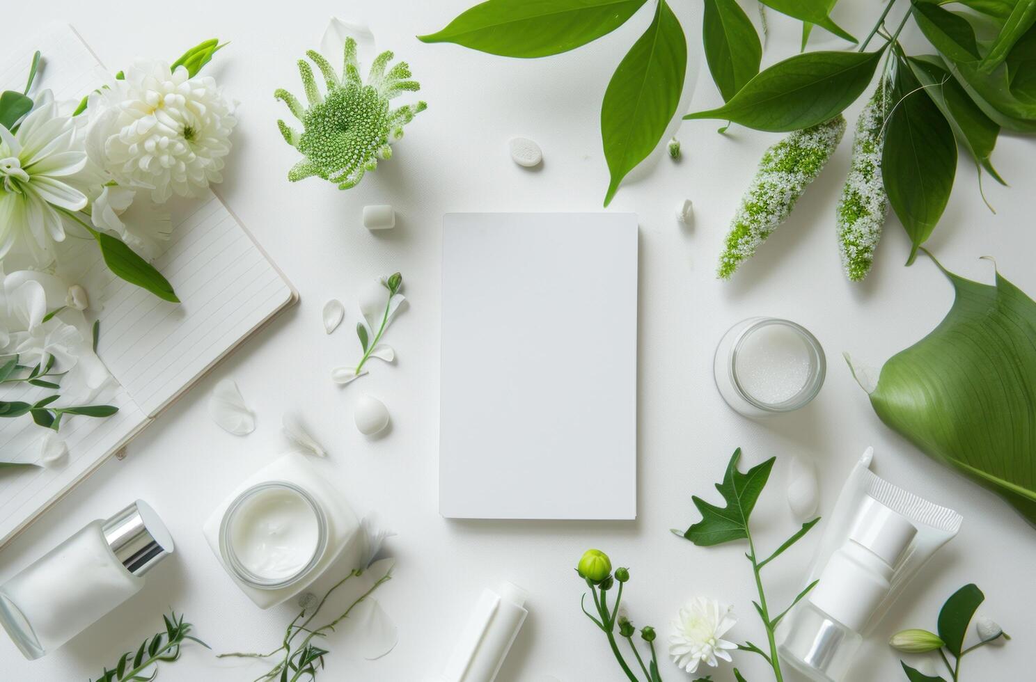 AI generated beauty care items on white with a notepad and flowers photo
