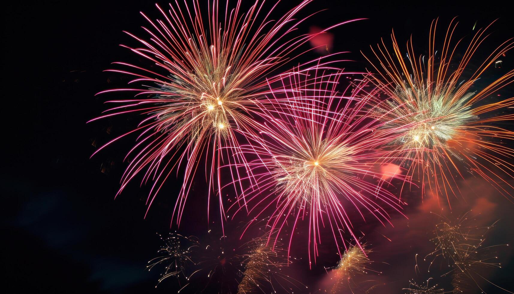 AI generated bright colored fireworks affixed on a dark background photo
