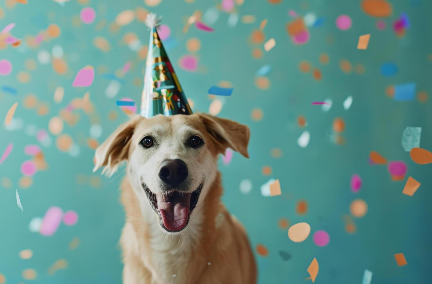 AI generated birthday of dog with party hat and confetti photo