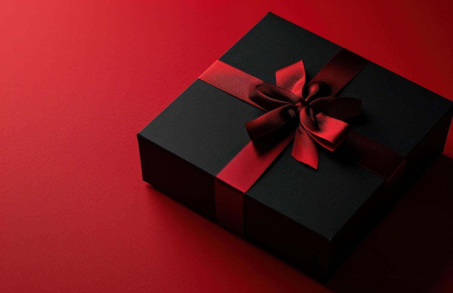 ai generado negro caja con regalo envuelto en rojo en un rojo antecedentes foto
