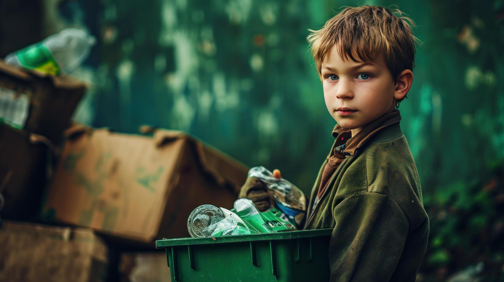 AI generated a boy holding an empty recycling box and recycling bin photo