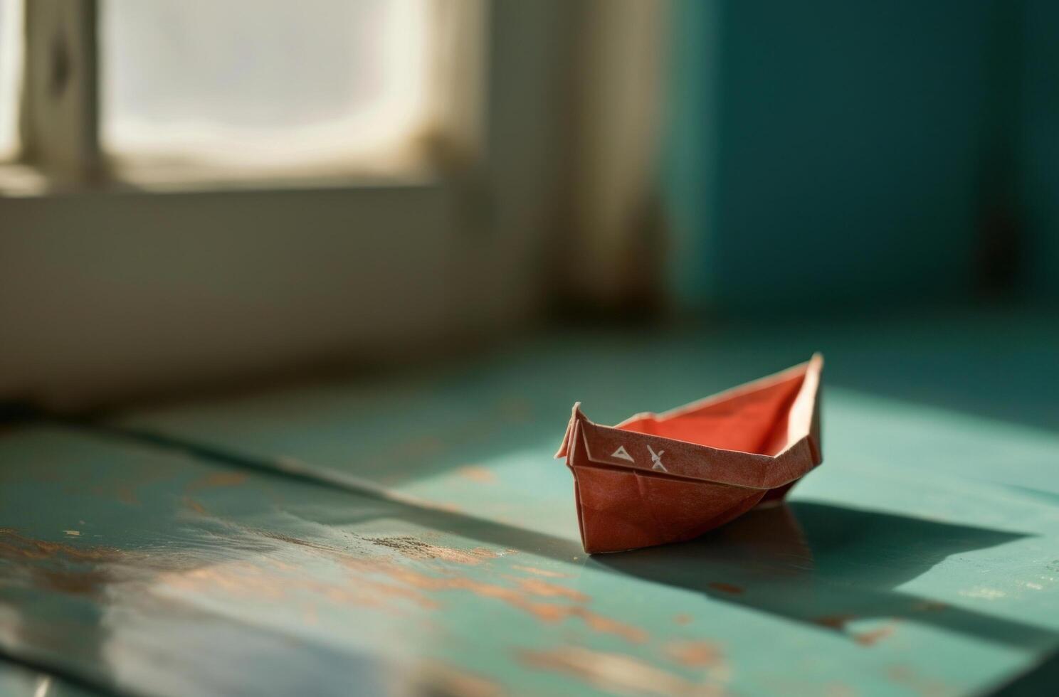 ai generado barco en un escritorio en mar rps papel de juguete barco foto