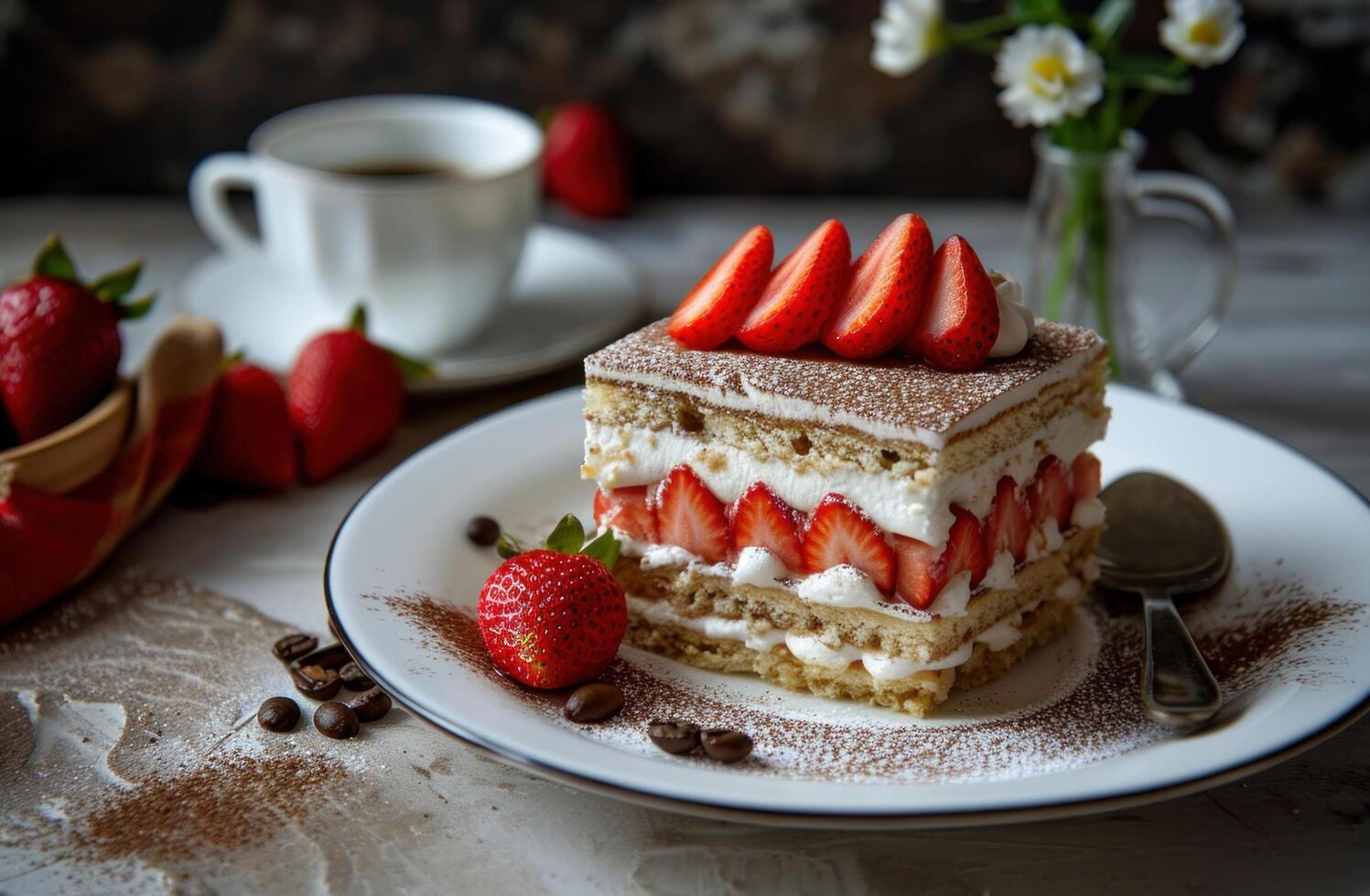 ai generado pastel en un plato con fresas y café foto