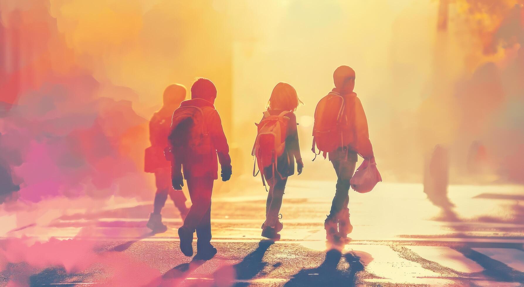 AI generated children walking to school and carrying backpacks photo