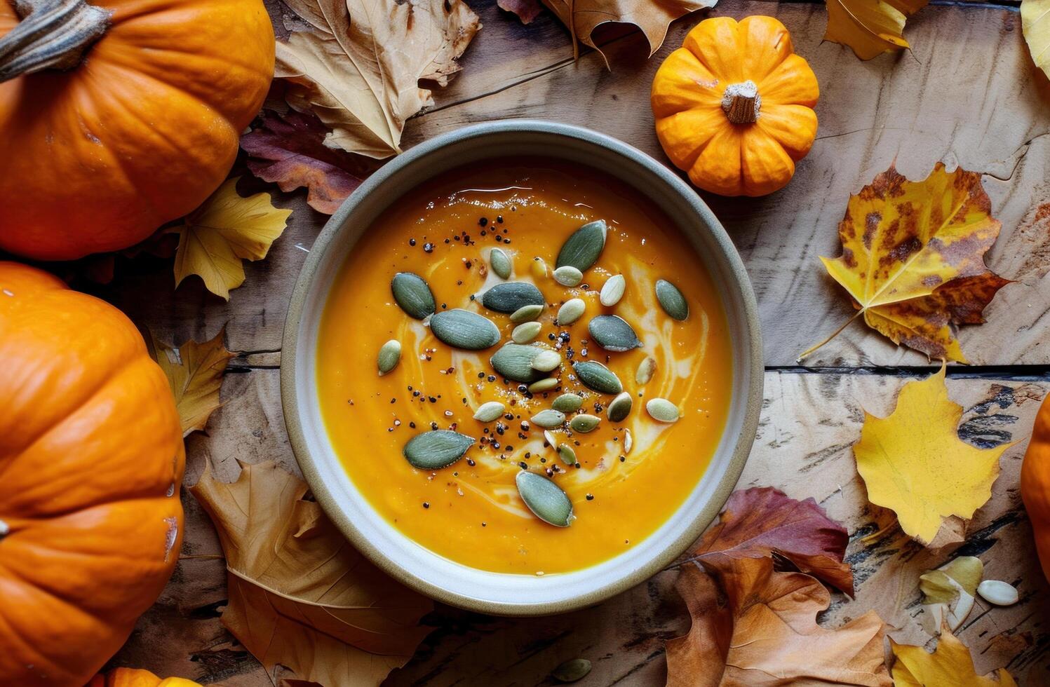 AI generated a bowl of pumpkin soup surrounded with pumpkin seeds photo