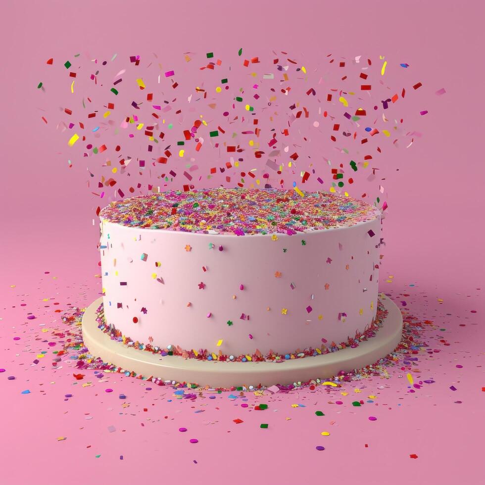 AI generated circular cake on pink background with colorful confetti photo