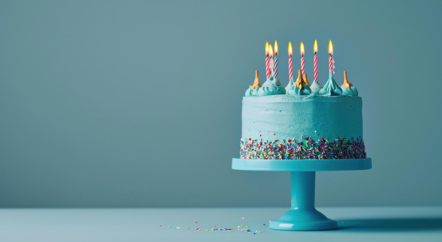 ai generado un azul pastel con velas en soportes en frente de un azul antecedentes foto