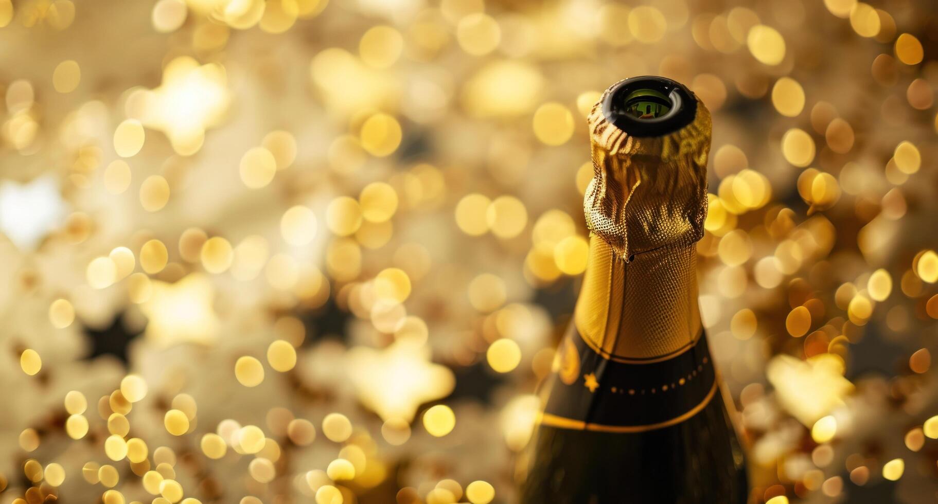 AI generated champagne bottle on the beige background with star and gold star photo