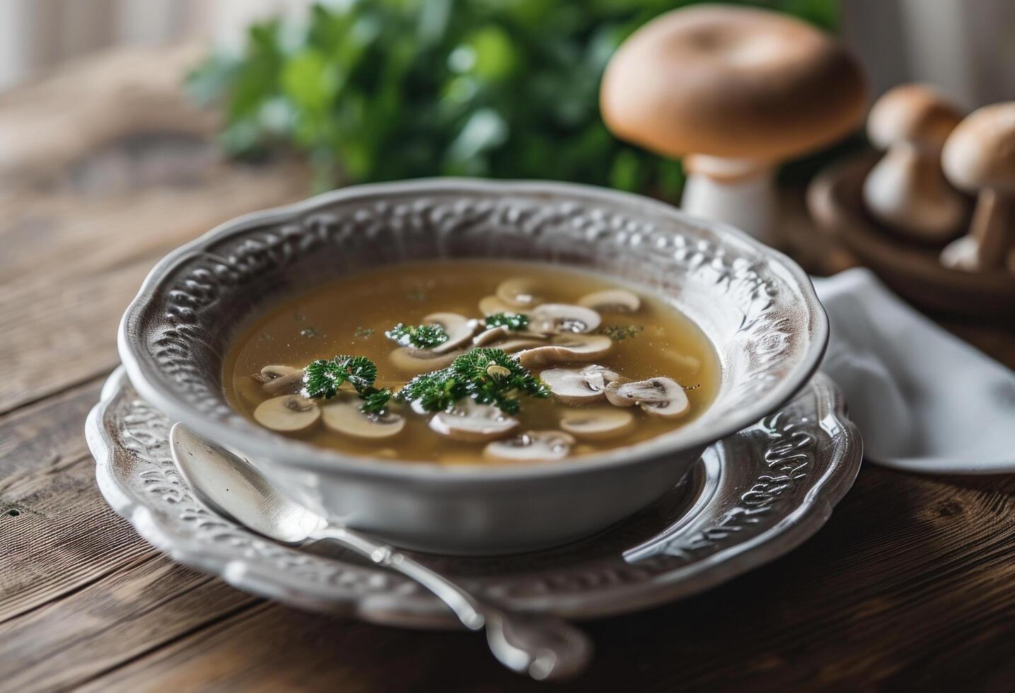 AI generated a bowl of mushroom soup set on a wooden table photo