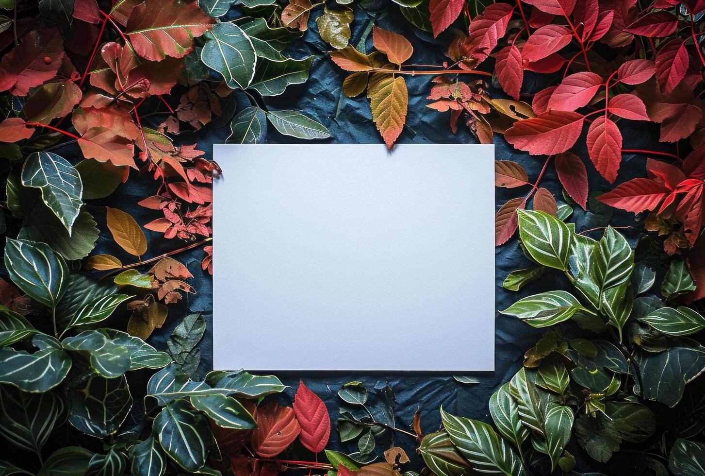 ai generado un blanco papel rodeado por rojo hojas foto