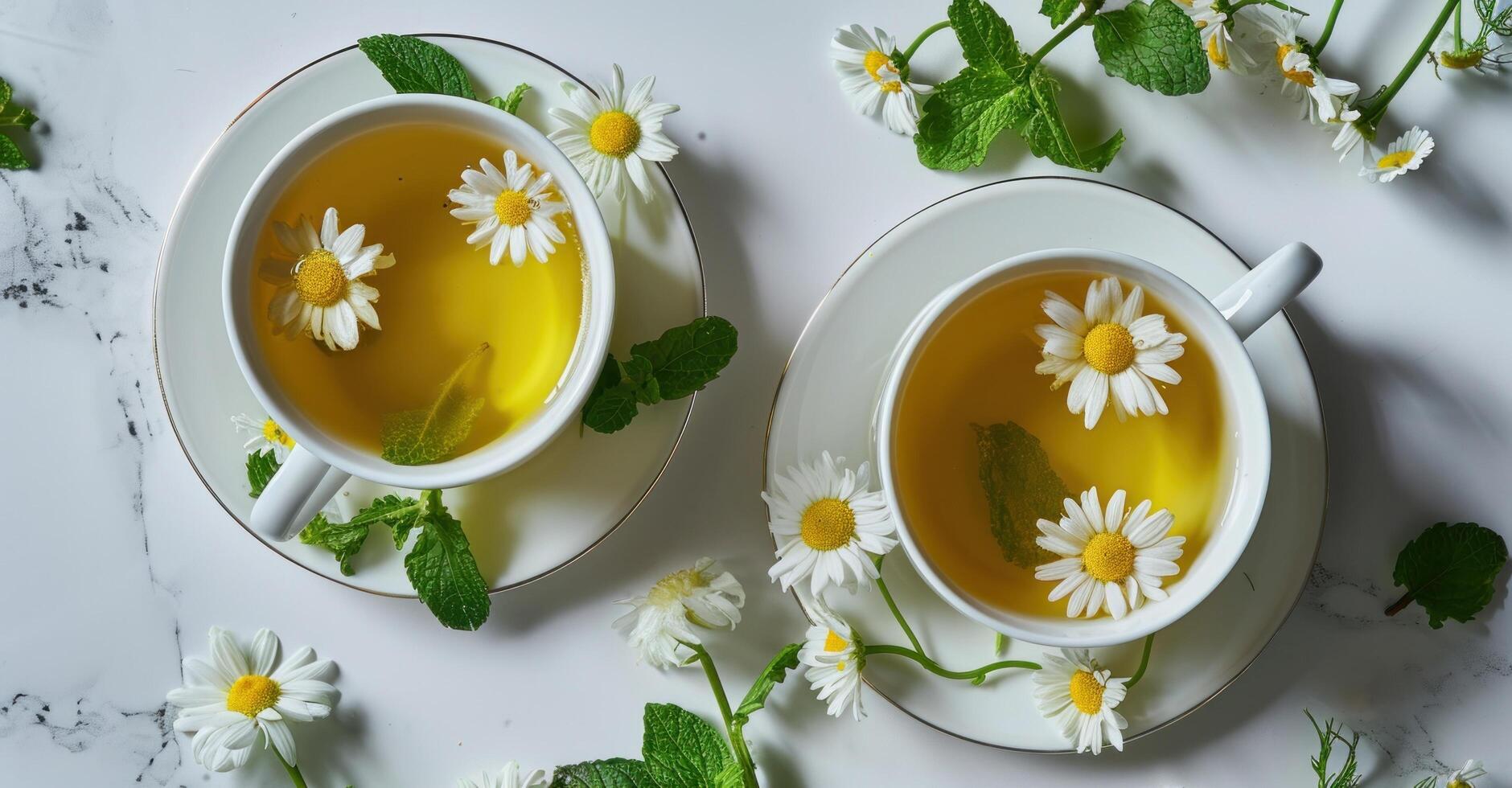 AI generated chamomile tea and mint on white plates photo