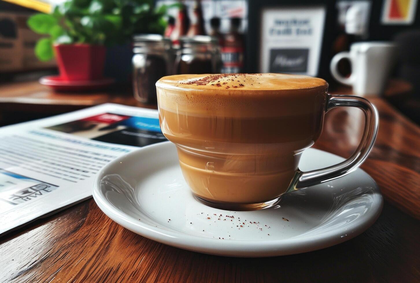 ai generado un taza de café es vertido en un Café exprés bar foto