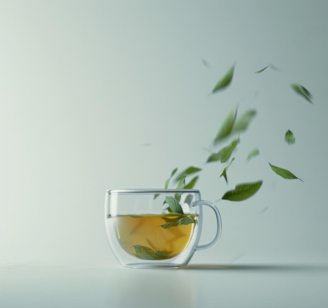 AI generated a cup of tea with green leaves thrown from the cup photo