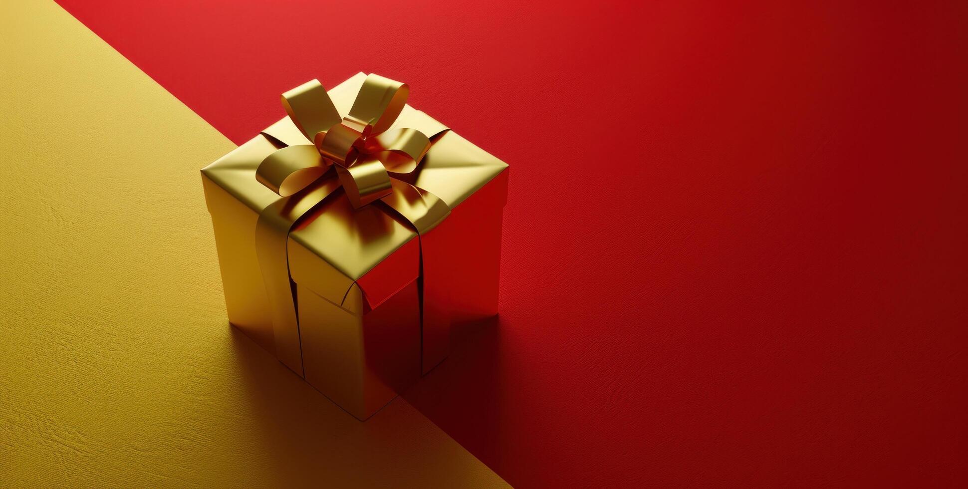 ai generado un oro regalo caja con cinta descansando en un rojo antecedentes foto