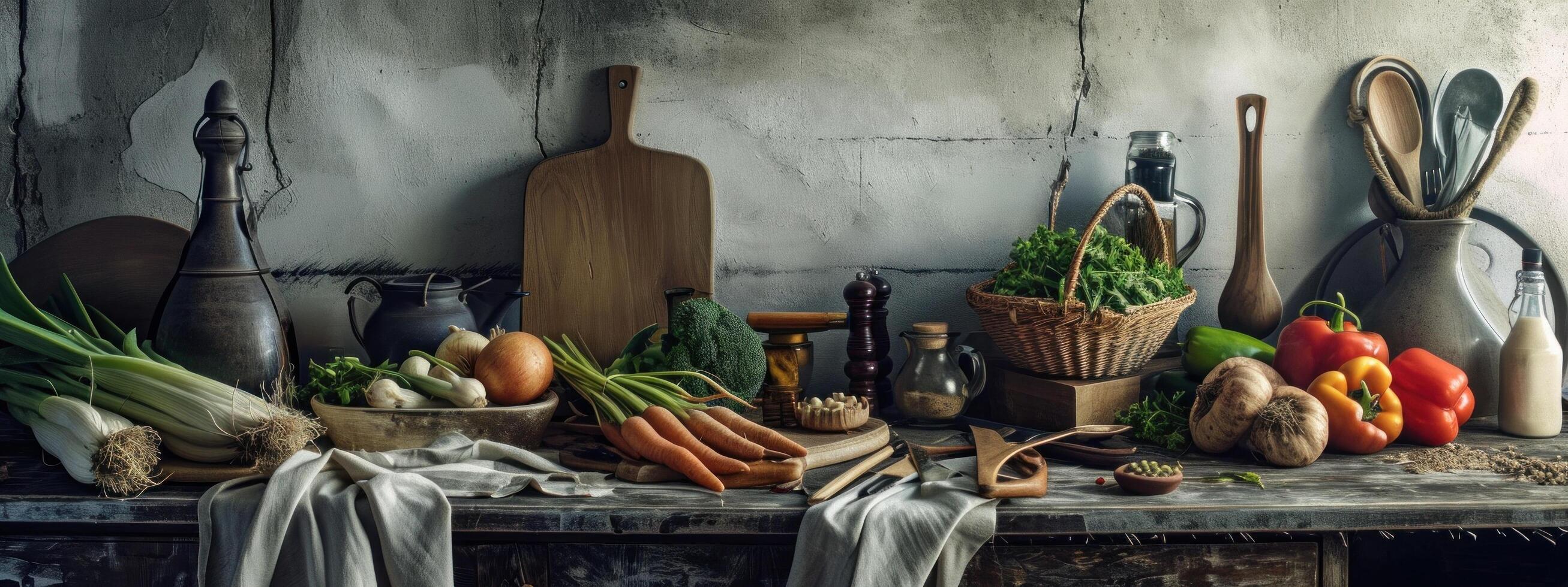 ai generado un cocina con un montón de verduras y de madera cuchillería foto