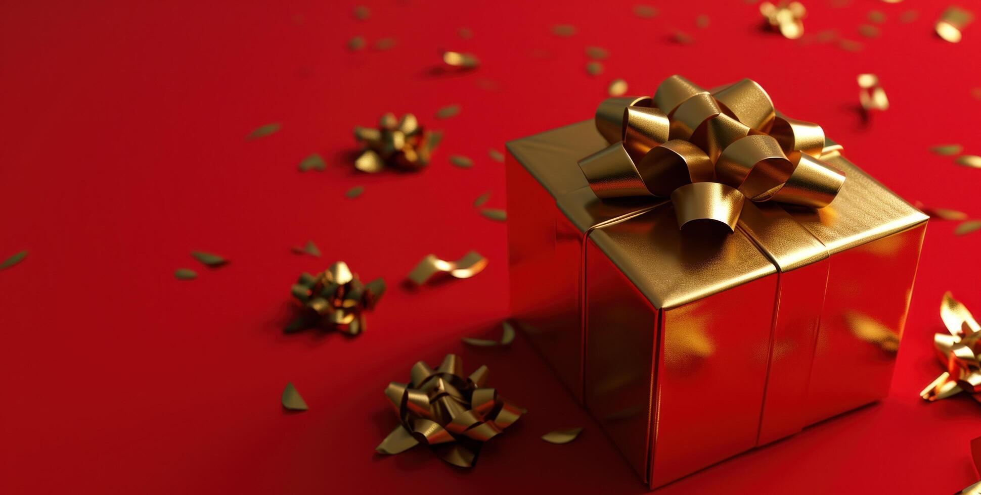 AI generated a gold gift box with ribbon resting on a red background photo