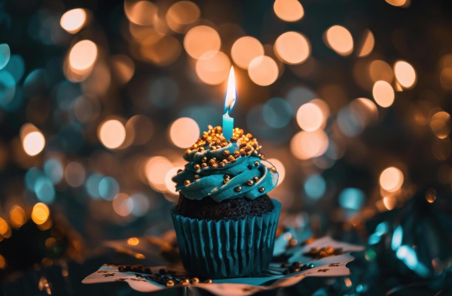 AI generated a picture of a cupcake with a blue candle in it photo