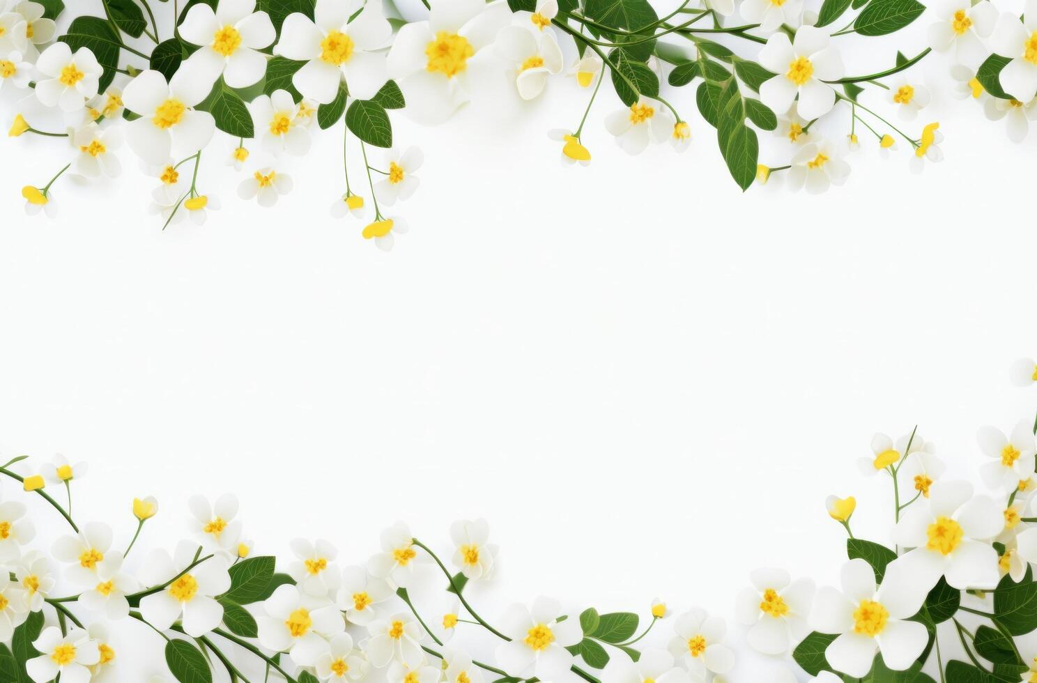 AI generated a frame of white flowers, stems and leaves surrounds photo