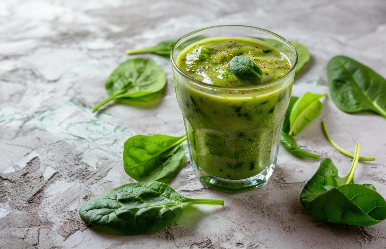 ai generado un vaso de verde zalamero con Espinacas hojas alrededor eso foto