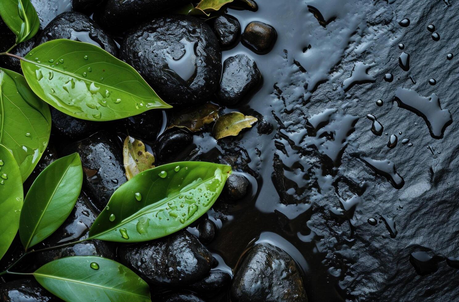 AI generated a black background with rocks and leaves with water on them photo