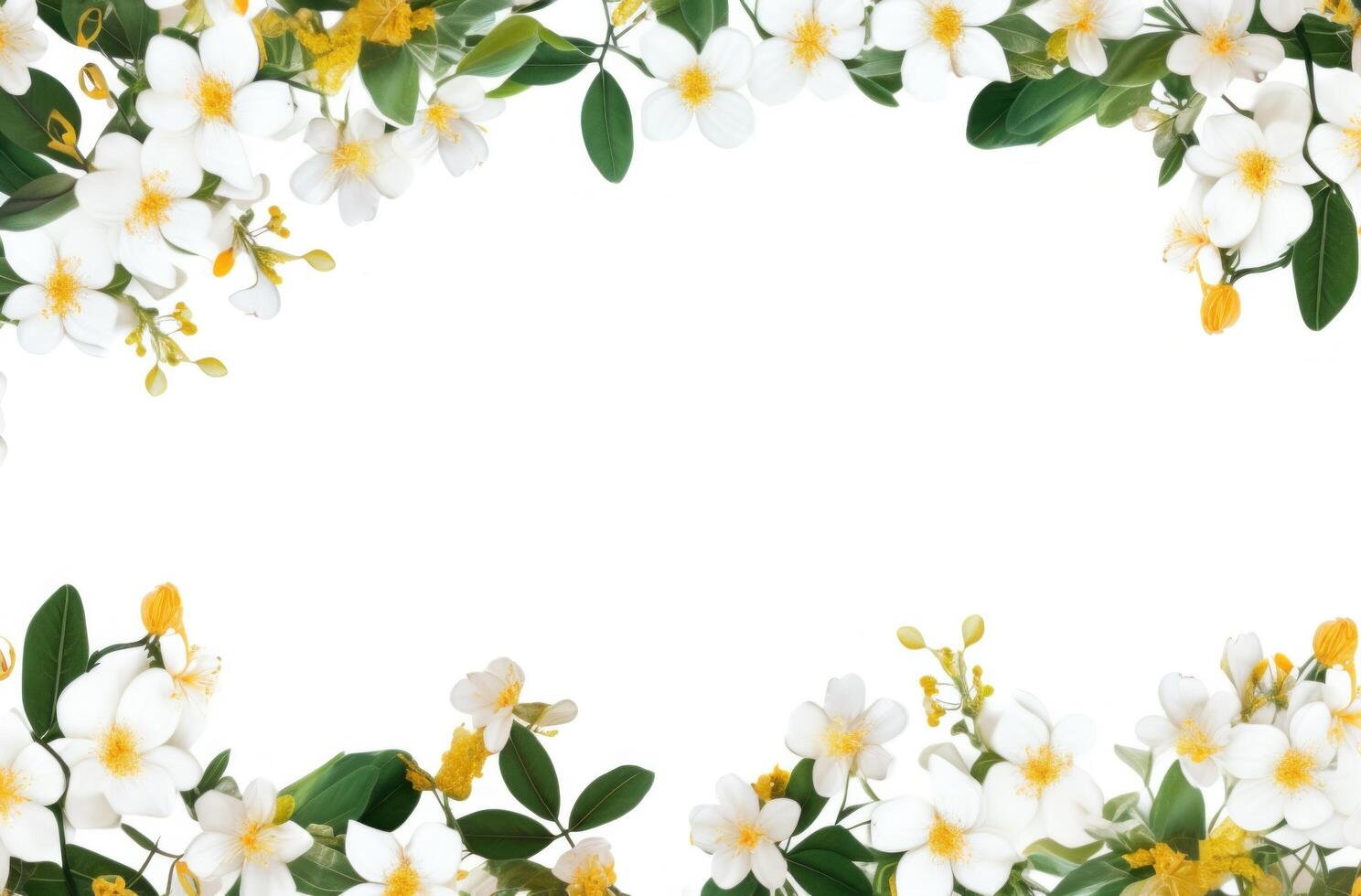 AI generated a frame of white flowers, stems and leaves surrounds photo