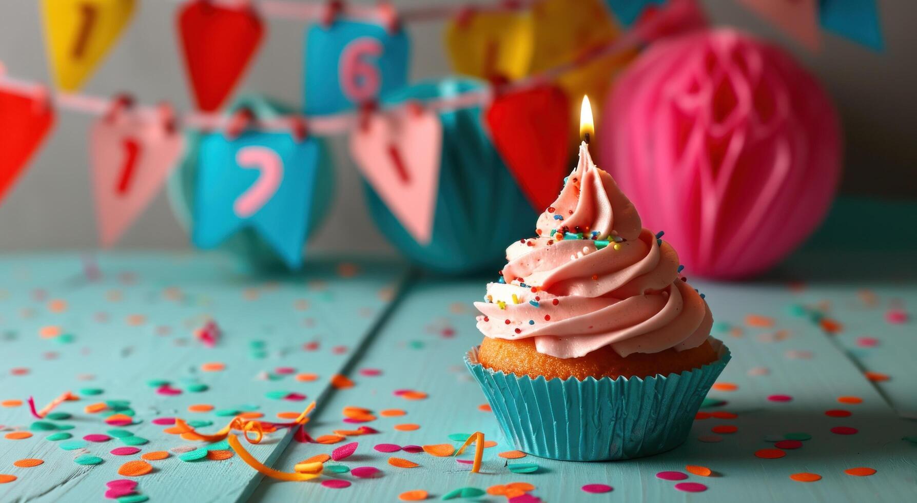 AI generated a cupcake in front of a numbered birthday party flag photo