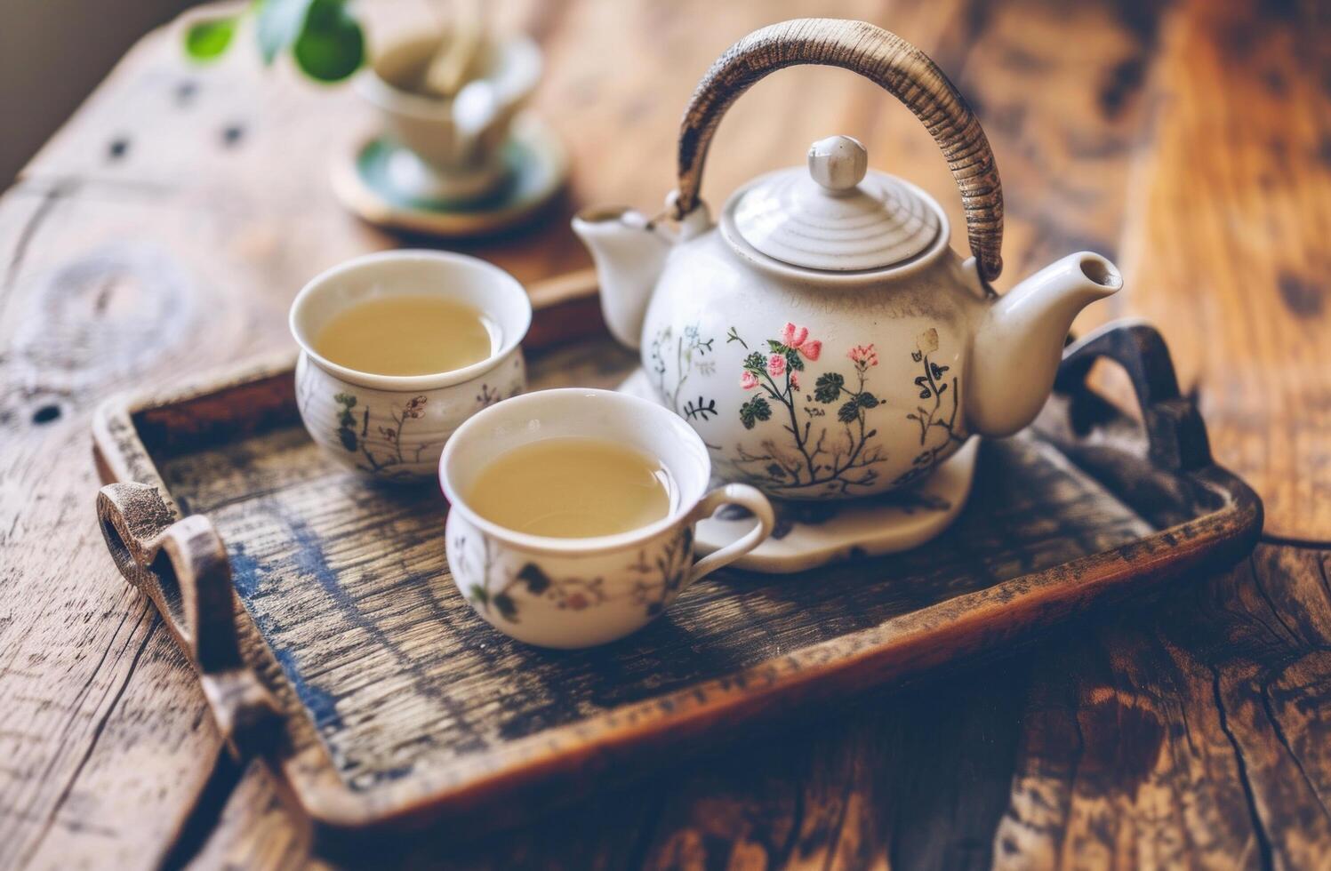 AI generated teapot on tray with two cups of white tea photo