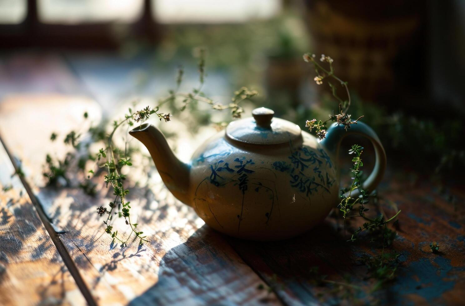 AI generated teapot on table with thyme leaves photo