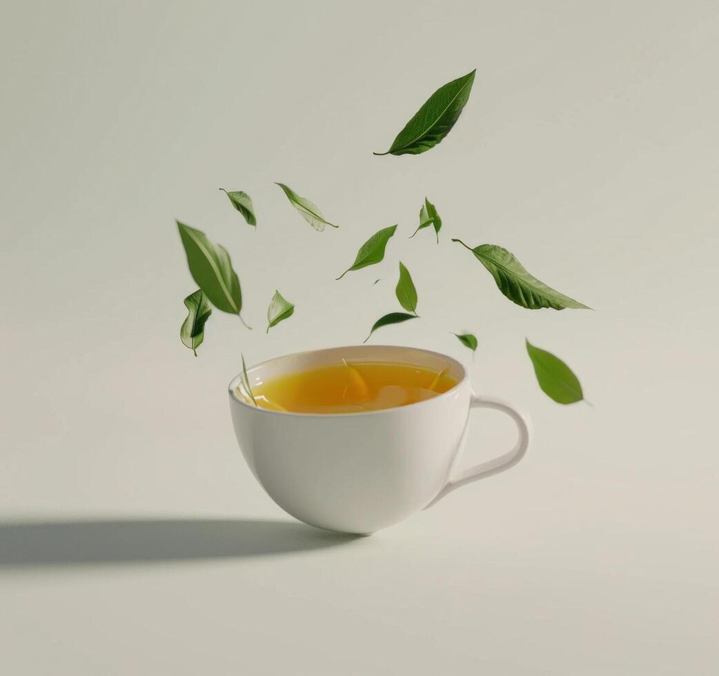 AI generated a cup of tea with green leaves thrown from the cup photo