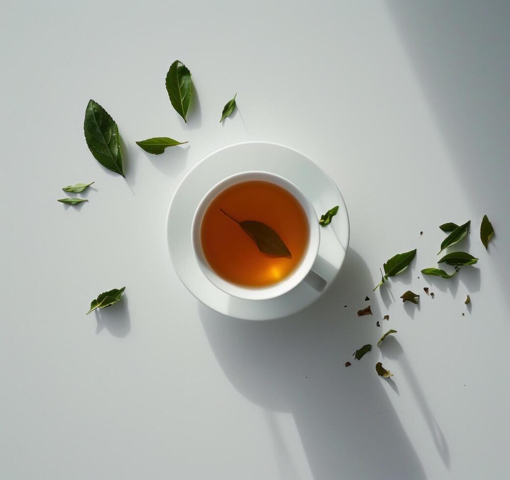 AI generated a cup of tea with green leaves thrown from the cup photo