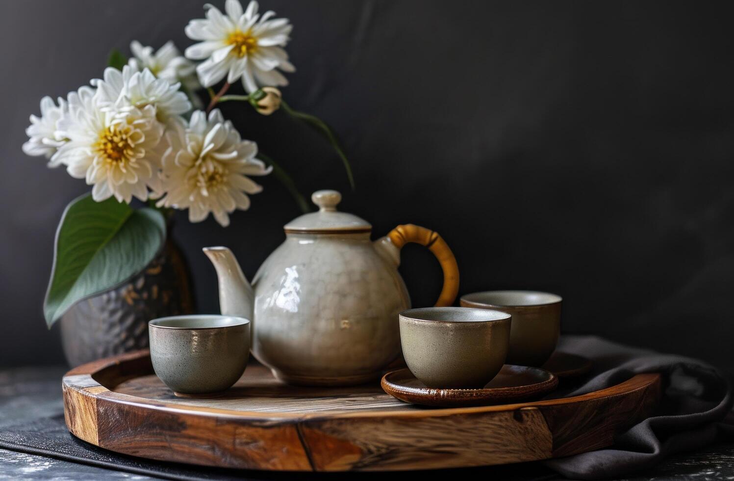 AI generated teapot on tray with two cups of white tea photo