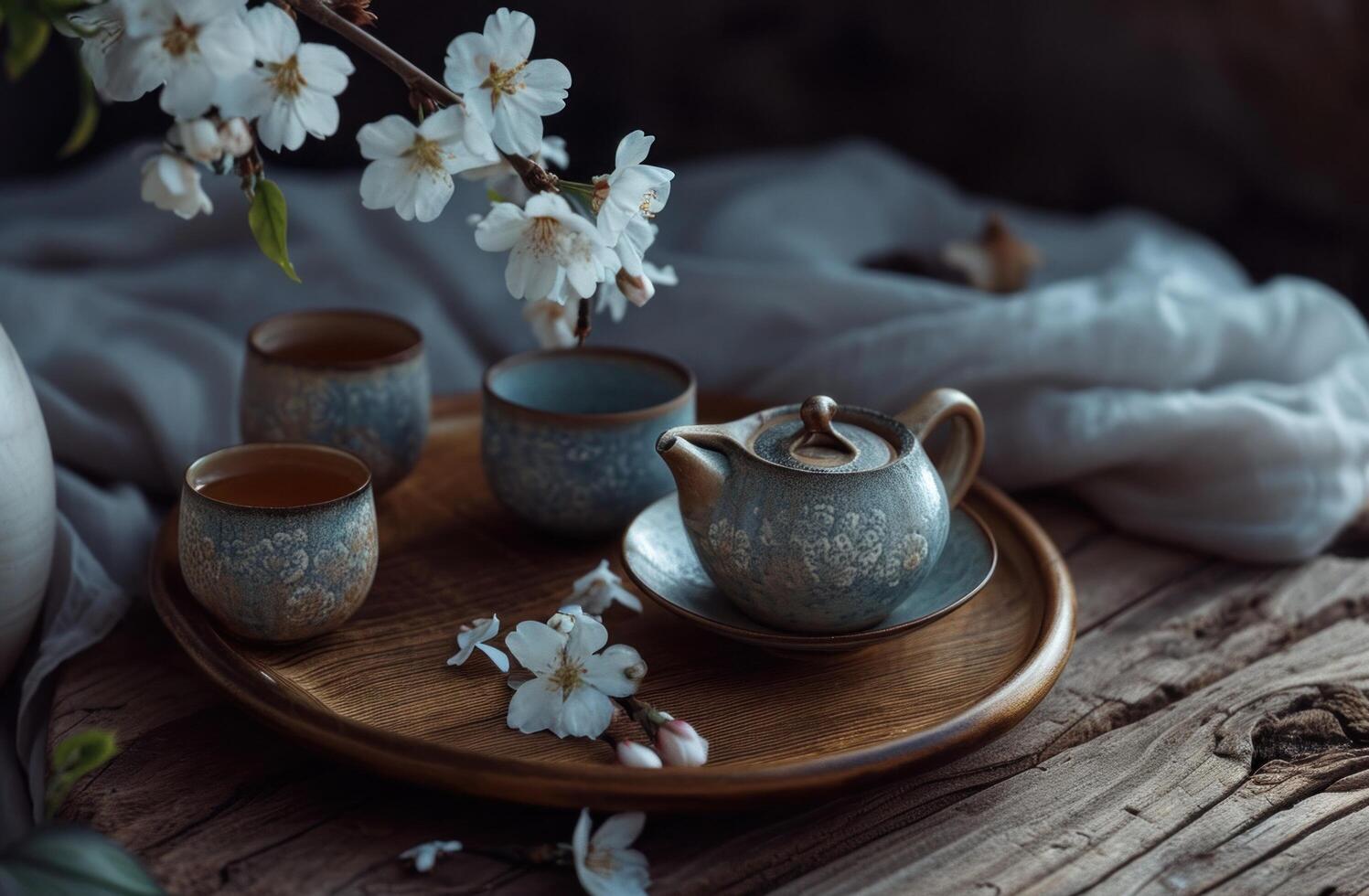 AI generated teapot on tray with two cups of white tea photo