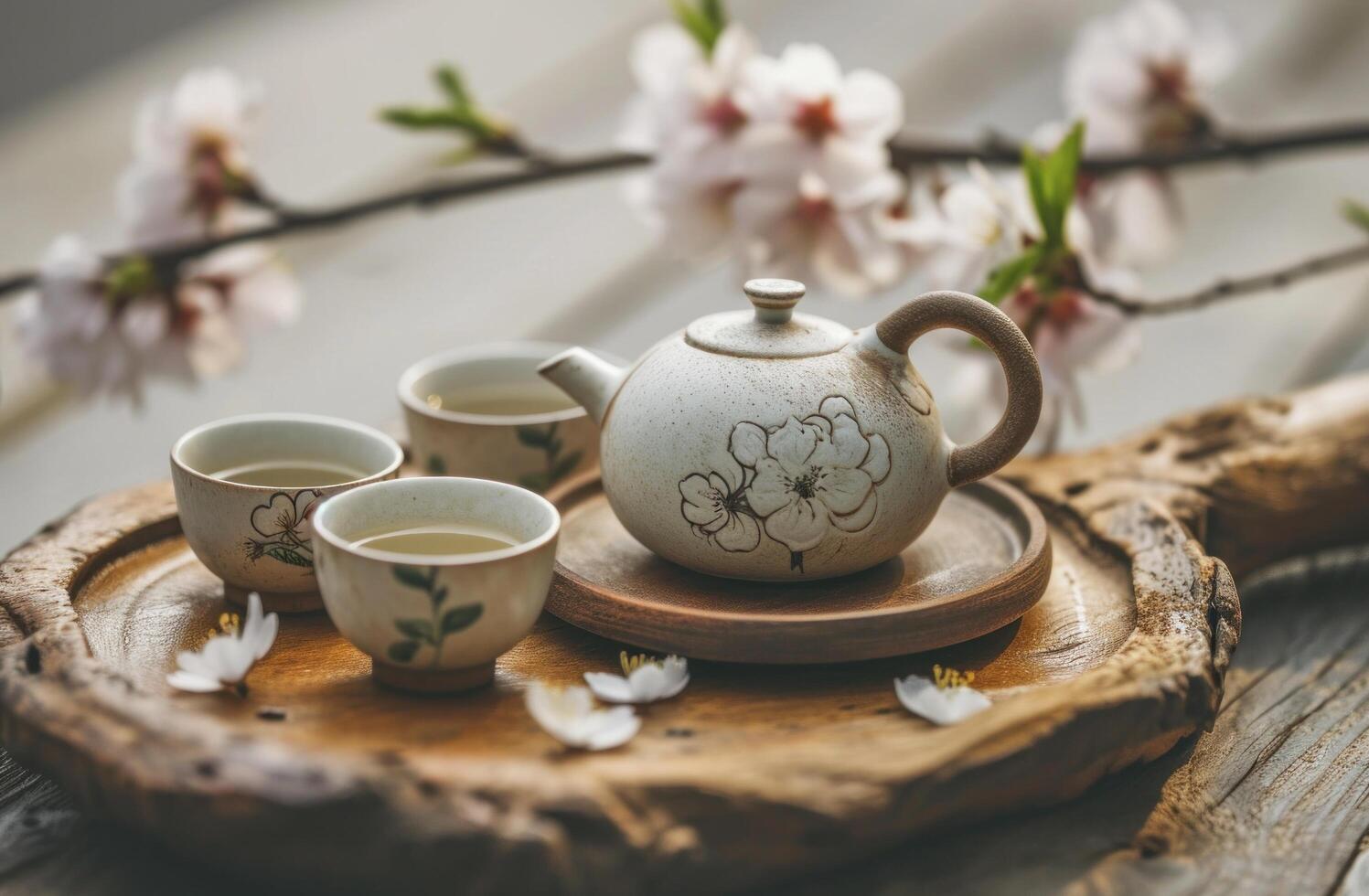 AI generated teapot on tray with two cups of white tea photo