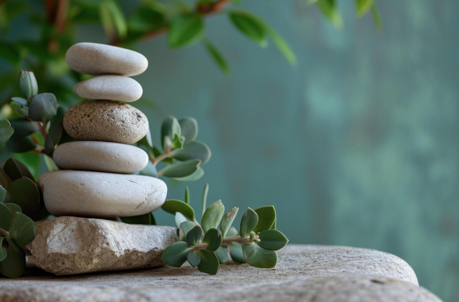 AI generated rocks are stacked in front of green grass photo